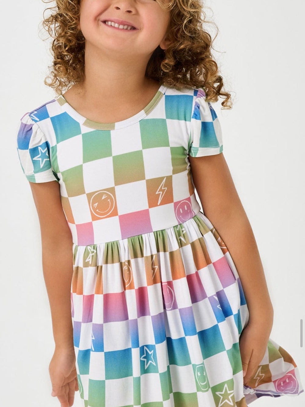 NWT Little Sleepies Rainbow Check Puff-Sleeve Dress - Multicolor